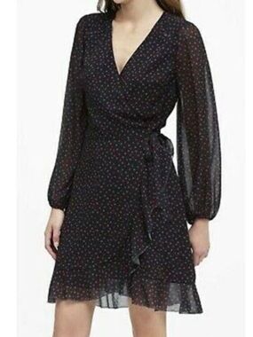 Banana Republic Black Sheer Long-Sleeve Wrap Dress with Mini Heart print